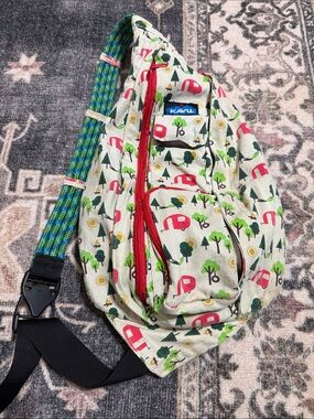 Kavu Cream Sling Bag with Green Trees & Pink Camper Print